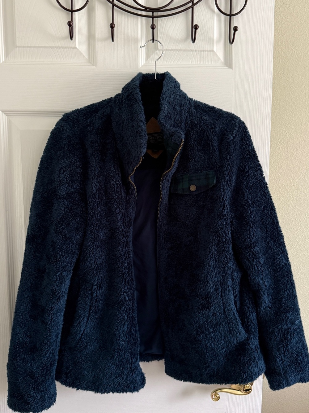 Pendleton Sherpa Fleece Full-Zip Jacket Navy Plaid Pocket Size Large